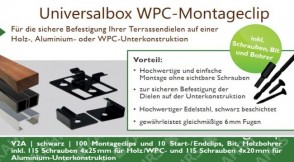 WPC Box inkl. Montageclip V2A (schwarz), Startclips, Schrauben, Bit & Bohrer